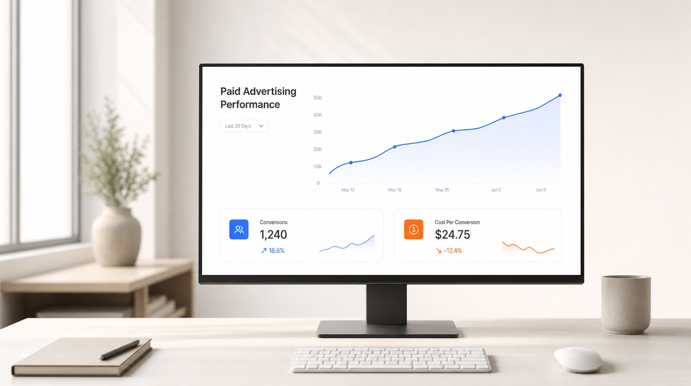 Paid advertising performance dashboard showing rising ROAS and conversions