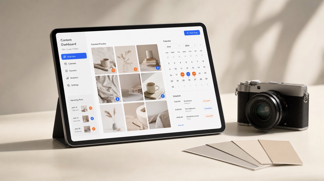 Social media content dashboard with a scheduled content calendar and feed grid